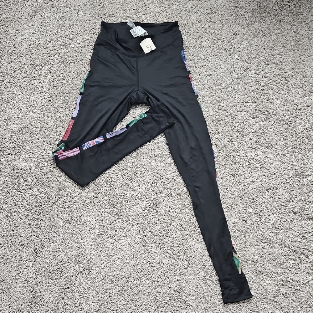 NWT Forever 21 Black Long Leggings Yoga Pants Colorful Side Flags